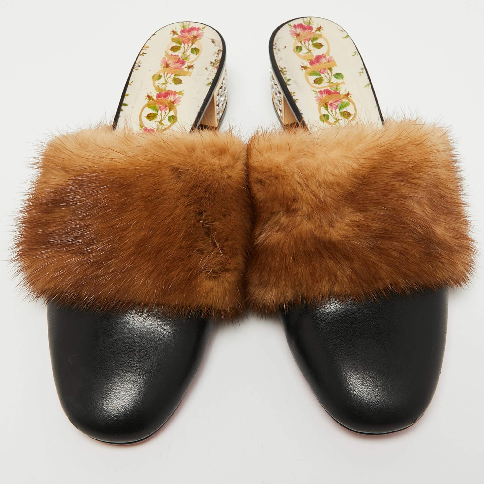 Gucci Black Leather and Mink Fur Candy Embellished Mules Size 36 For Sale 3