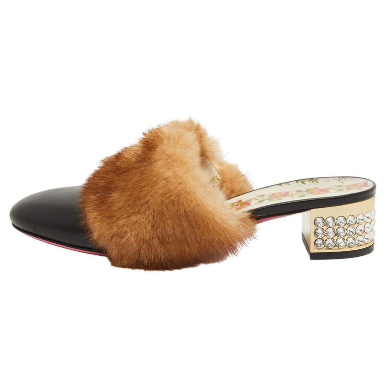 Gucci Black Leather and Mink Fur Candy Embellished Mules Size 36 For
