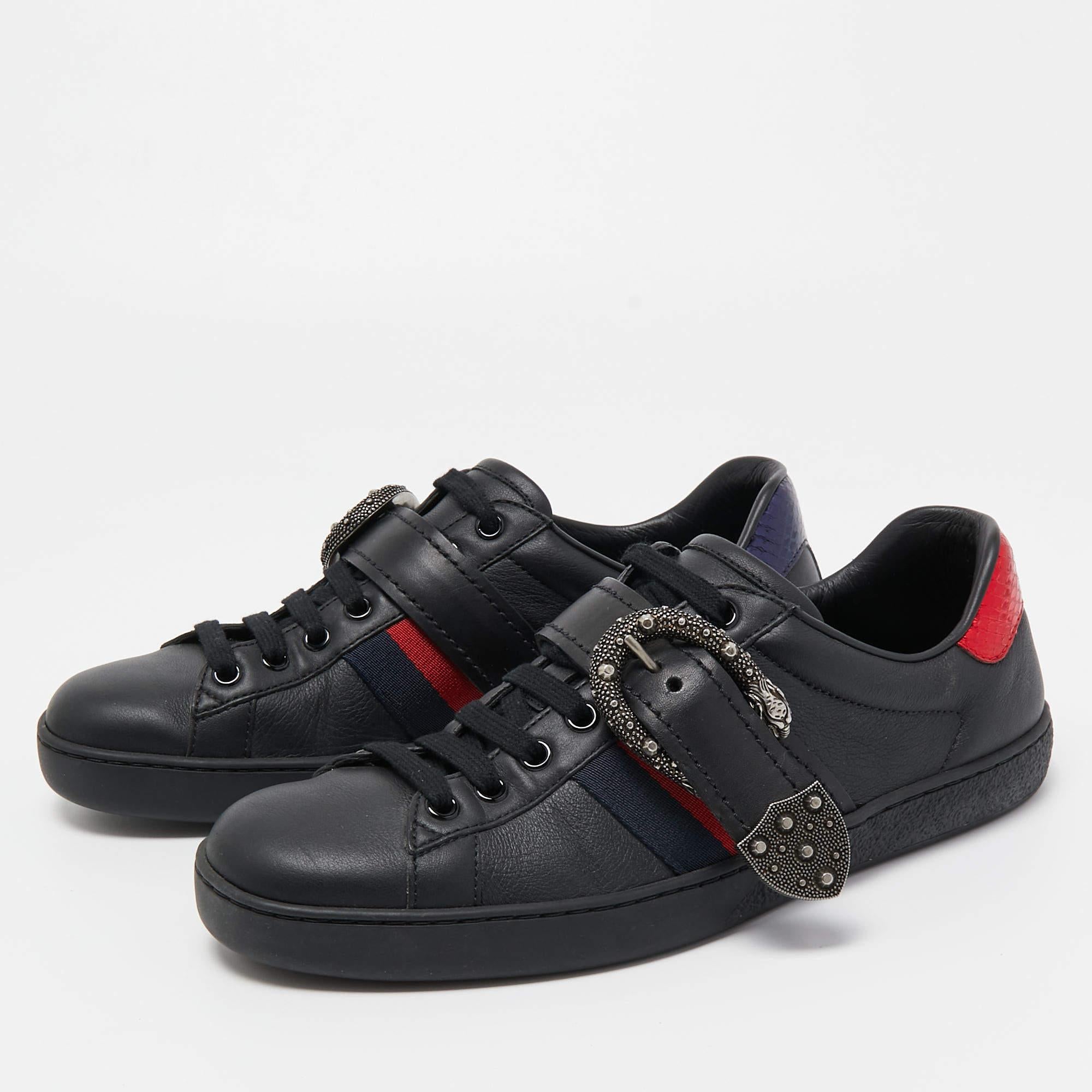 Men's Gucci Black Leather And Python Trim Ace Dionysus Buckle Lace Up Sneakers Size 40