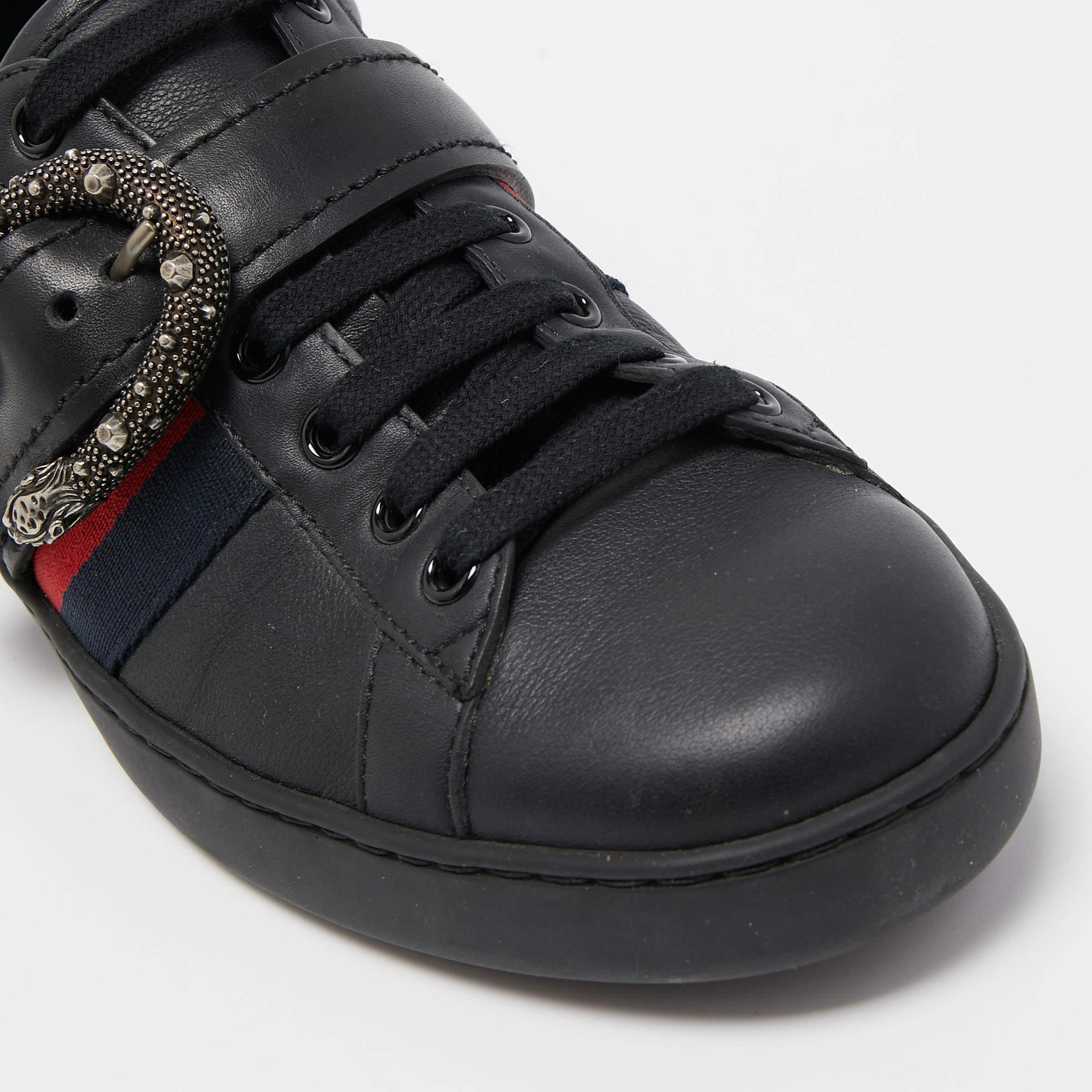 Gucci Black Leather And Python Trim Ace Dionysus Buckle Lace Up Sneakers Size 40 1