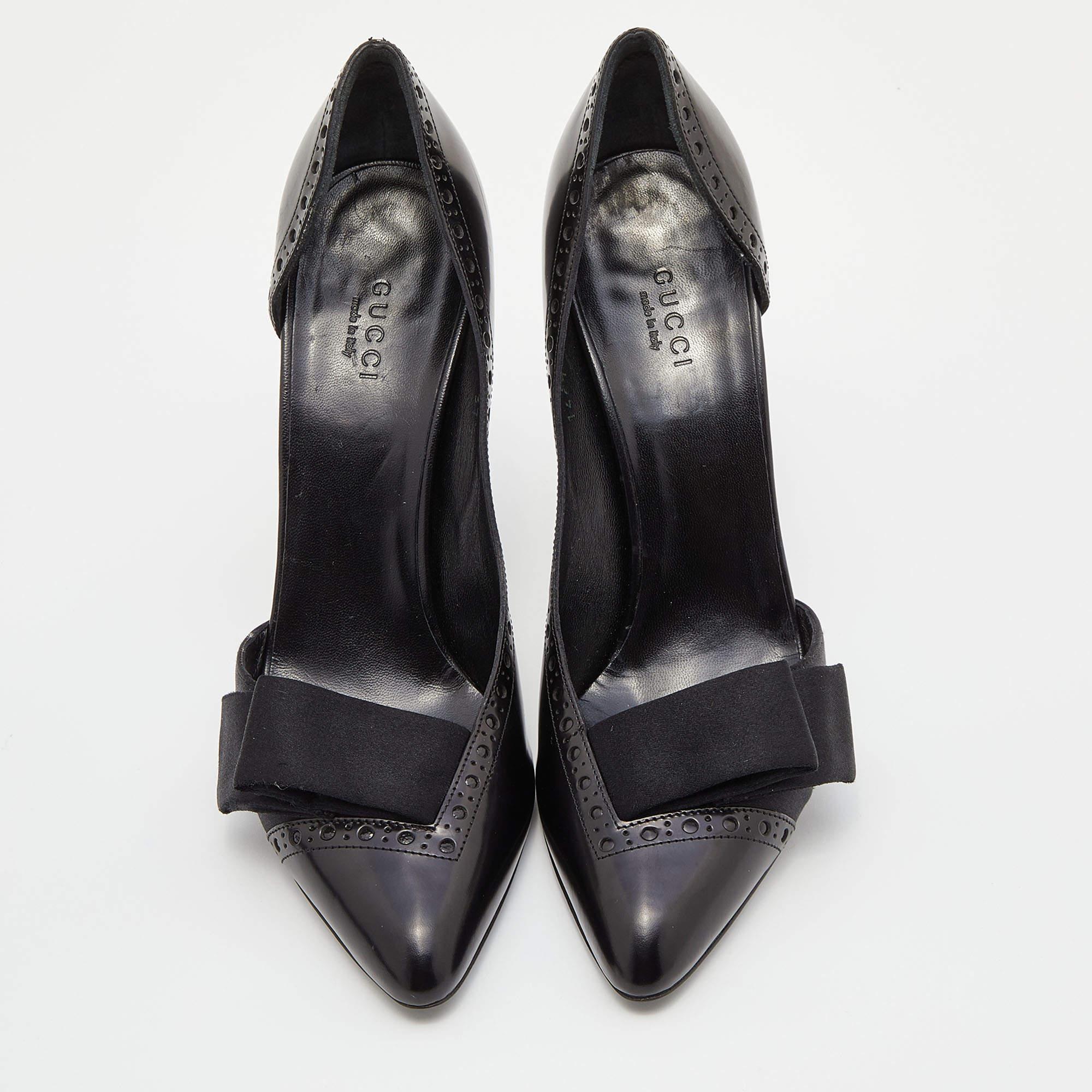 Women's Gucci Black Leather and Satin Bow D'orsay Pumps Size 37.5