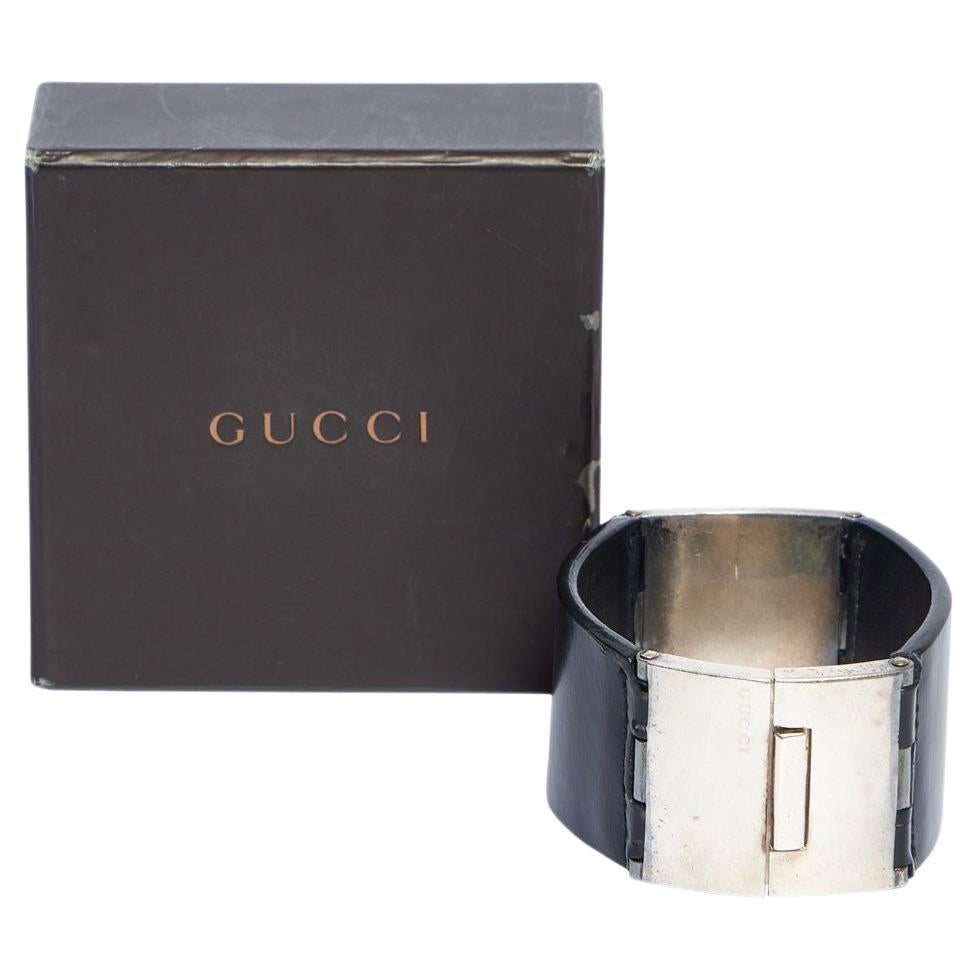 GUCCI Black Leather and Silver Bracelet For Sale