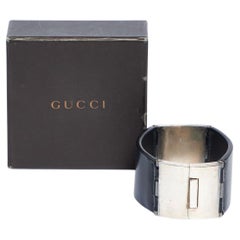 GUCCI Black Leather and Silver Bracelet