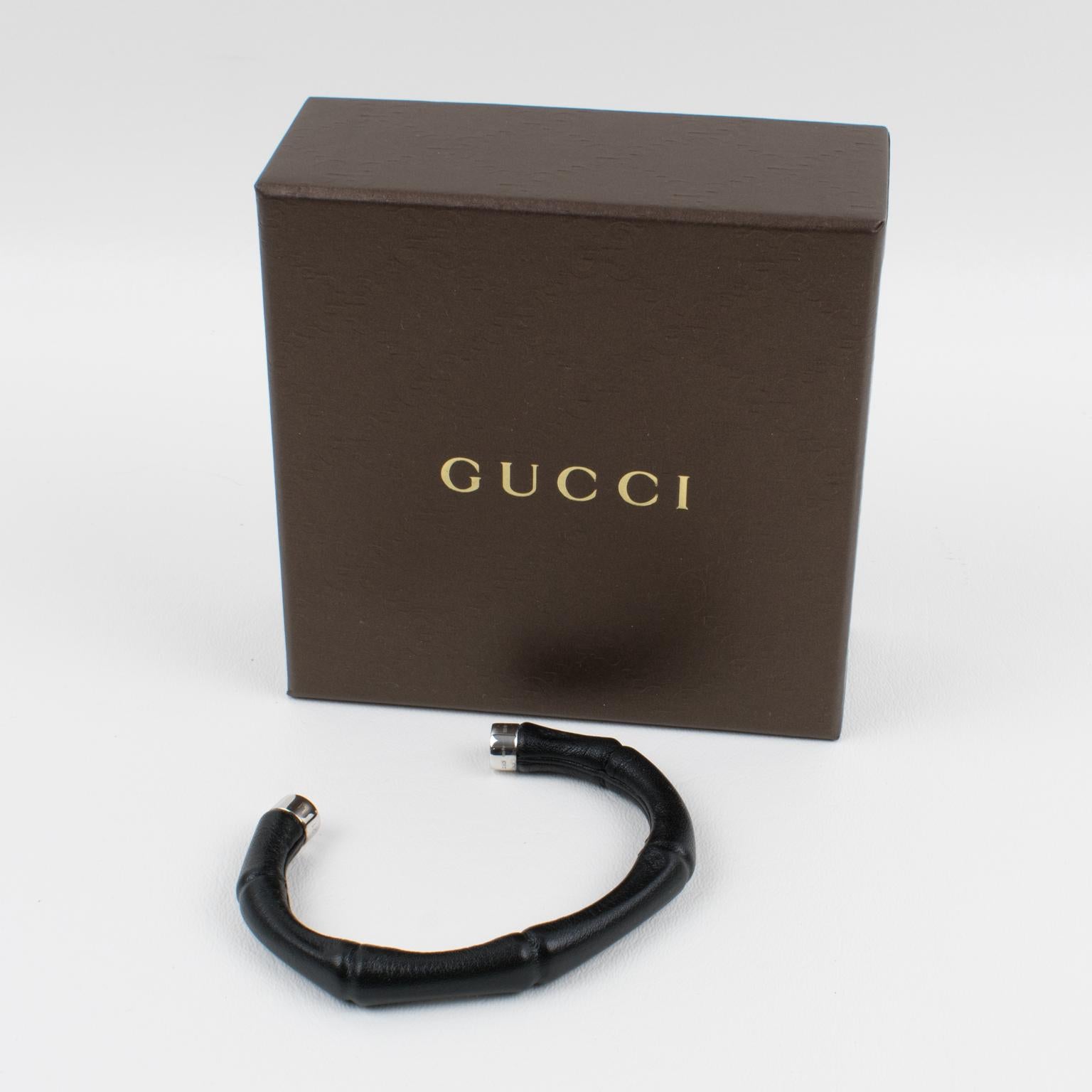 Gucci Black Leather and Sterling Silver Bamboo Cuff Bracelet In Excellent Condition In Atlanta, GA
