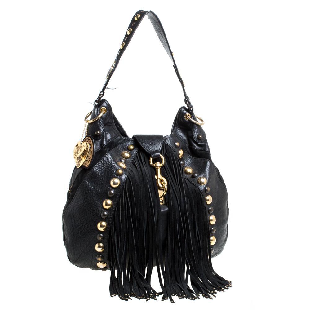 Women's Gucci Black Leather and Suede Babouska Fringe Hobo
