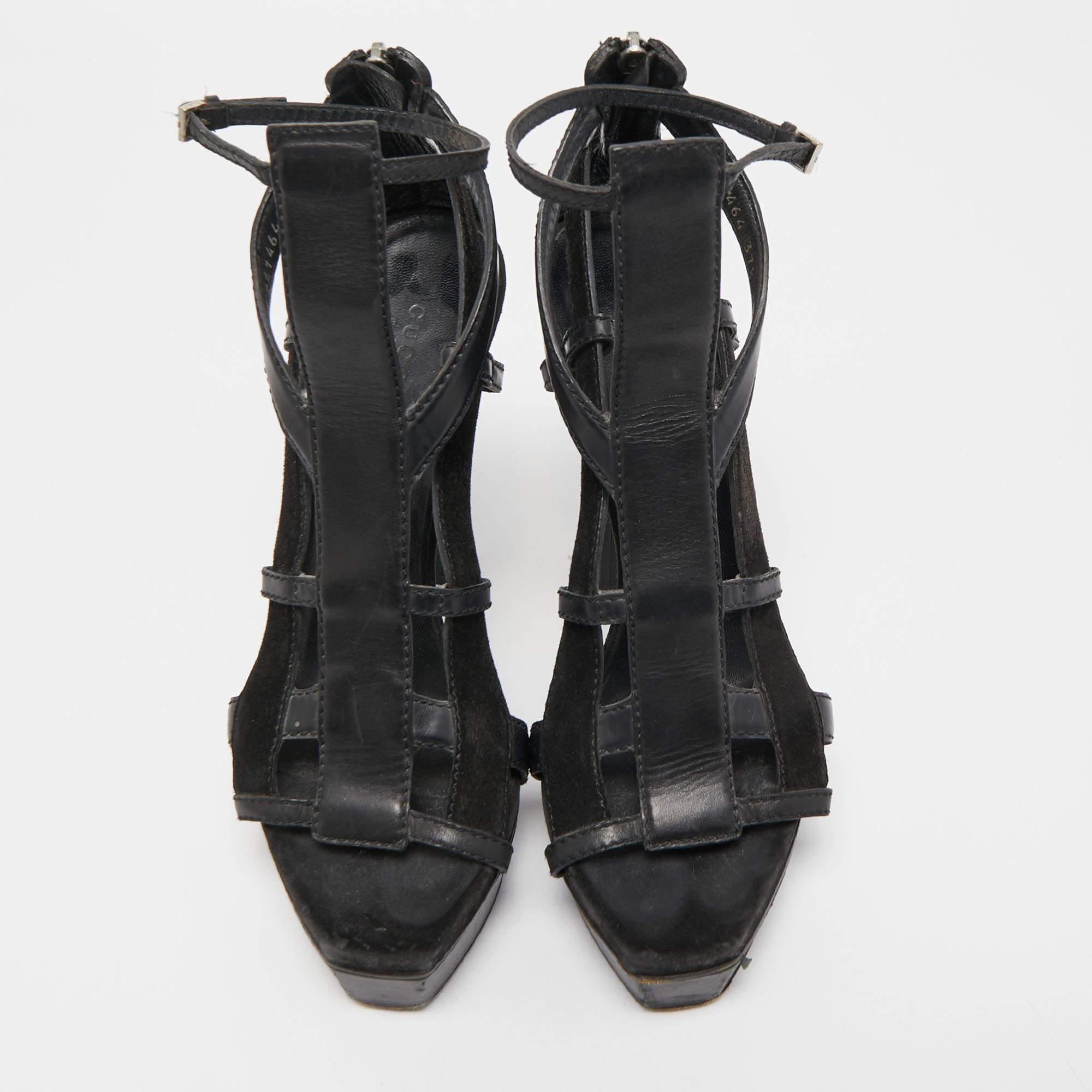 Women's Gucci Black Leather and Suede Daryl Sandals Size 37.5 For Sale