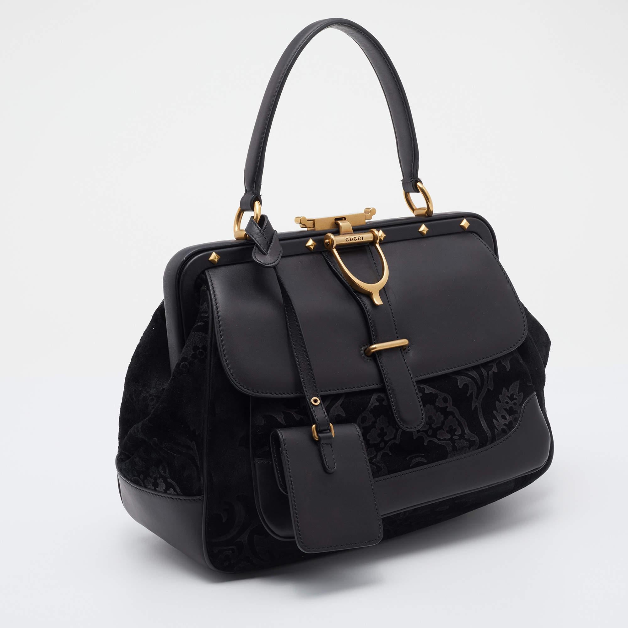 Women's Gucci Black Leather And Suede Lady Stirrup Top Handle Bag