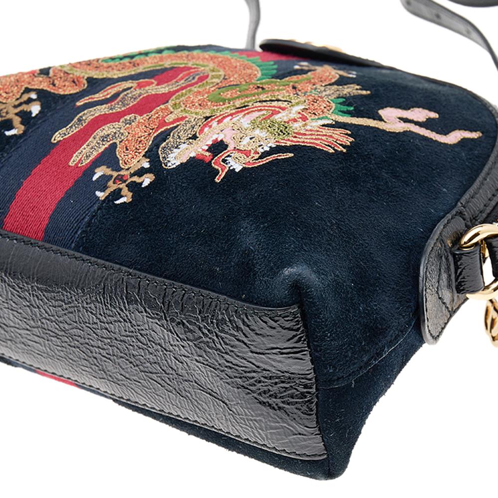 Gucci Black Leather And Suede Small Ophidia Dragon Embroidered Shoulder Bag 1