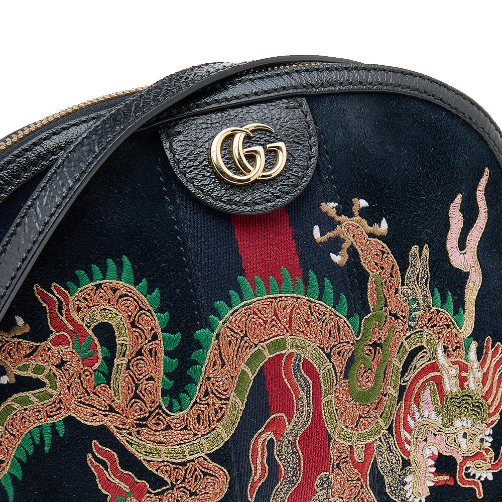 Gucci Black Leather And Suede Small Ophidia Dragon Embroidered Shoulder Bag 2