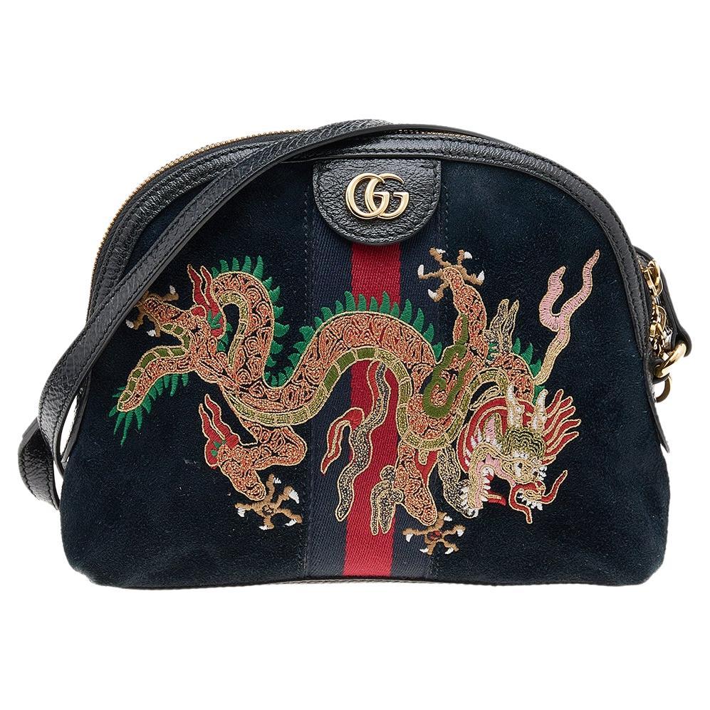 Gucci Black Leather And Suede Small Ophidia Dragon Embroidered Shoulder Bag