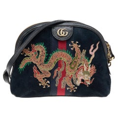 Gucci Black Leather And Suede Small Ophidia Dragon Embroidered Shoulder Bag