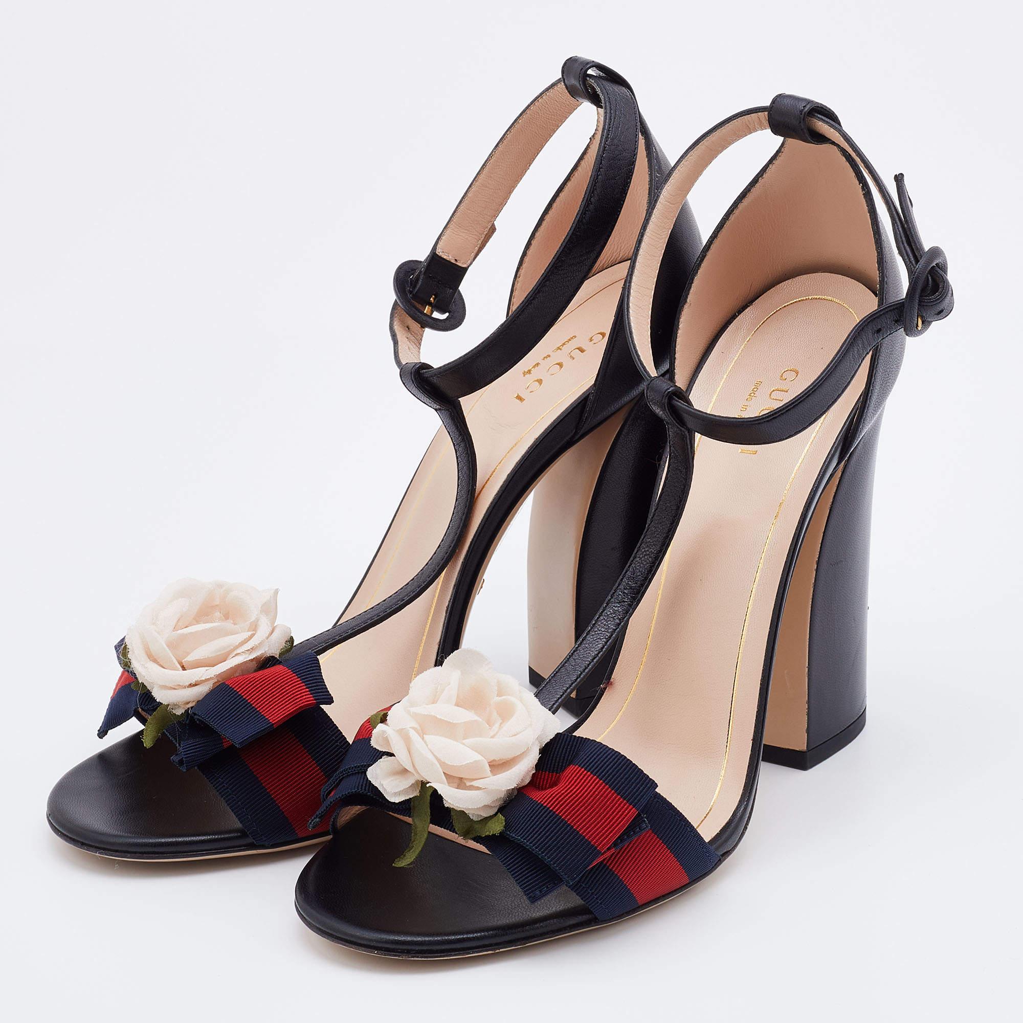 Gucci Black Leather and Web Bow Flower Ankle Strap Sandals Size 38.5 1
