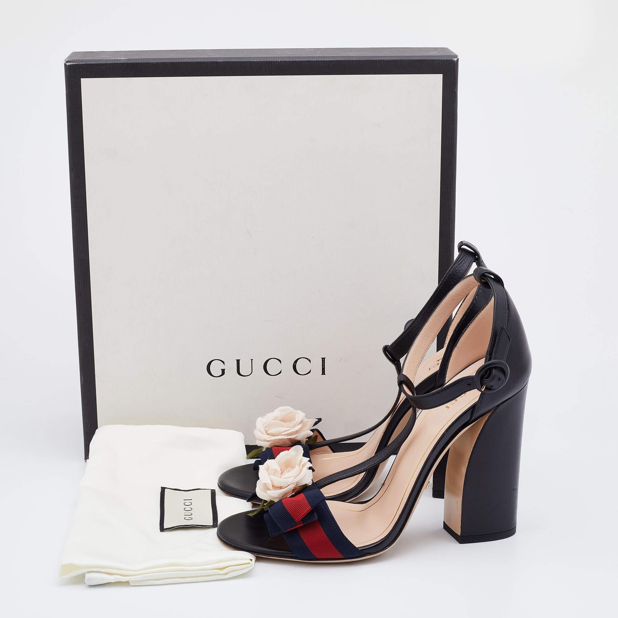 Gucci Black Leather and Web Bow Flower Ankle Strap Sandals Size 38.5 5