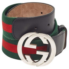 Gucci Black Leather and Web Canvas Interlocking G Buckle Belt 100 CM