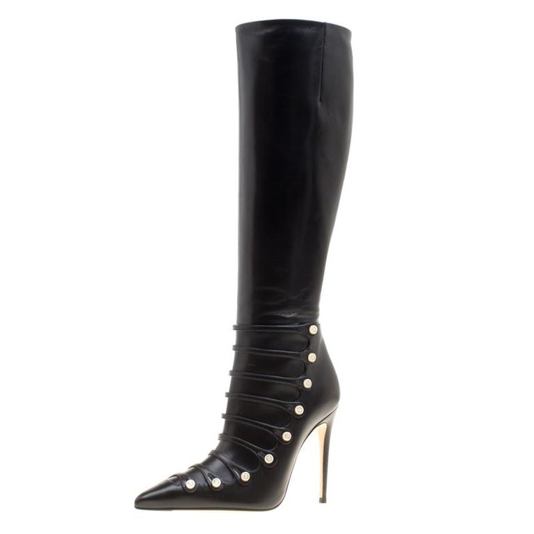 Gucci Black Leather Aneta GG Buttons Knee High Pointed Toe Boots Size ...