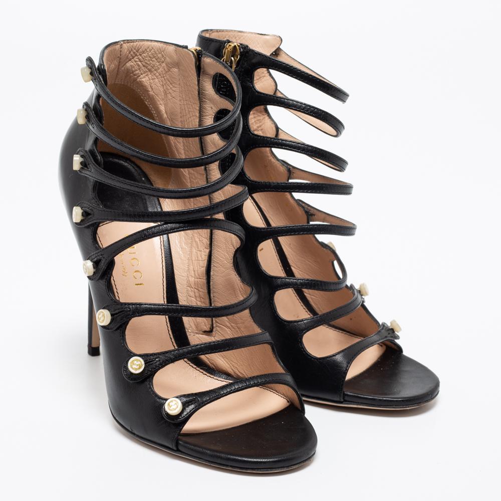 Gucci Black Leather Aneta Open Toe Zipper Sandals Size 37 2