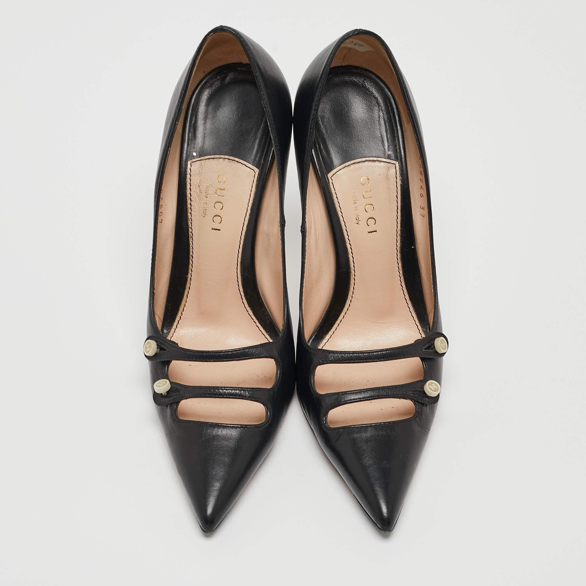Gucci Black Leather Aneta Pointed Pumps Size 37 In Good Condition In Dubai, Al Qouz 2