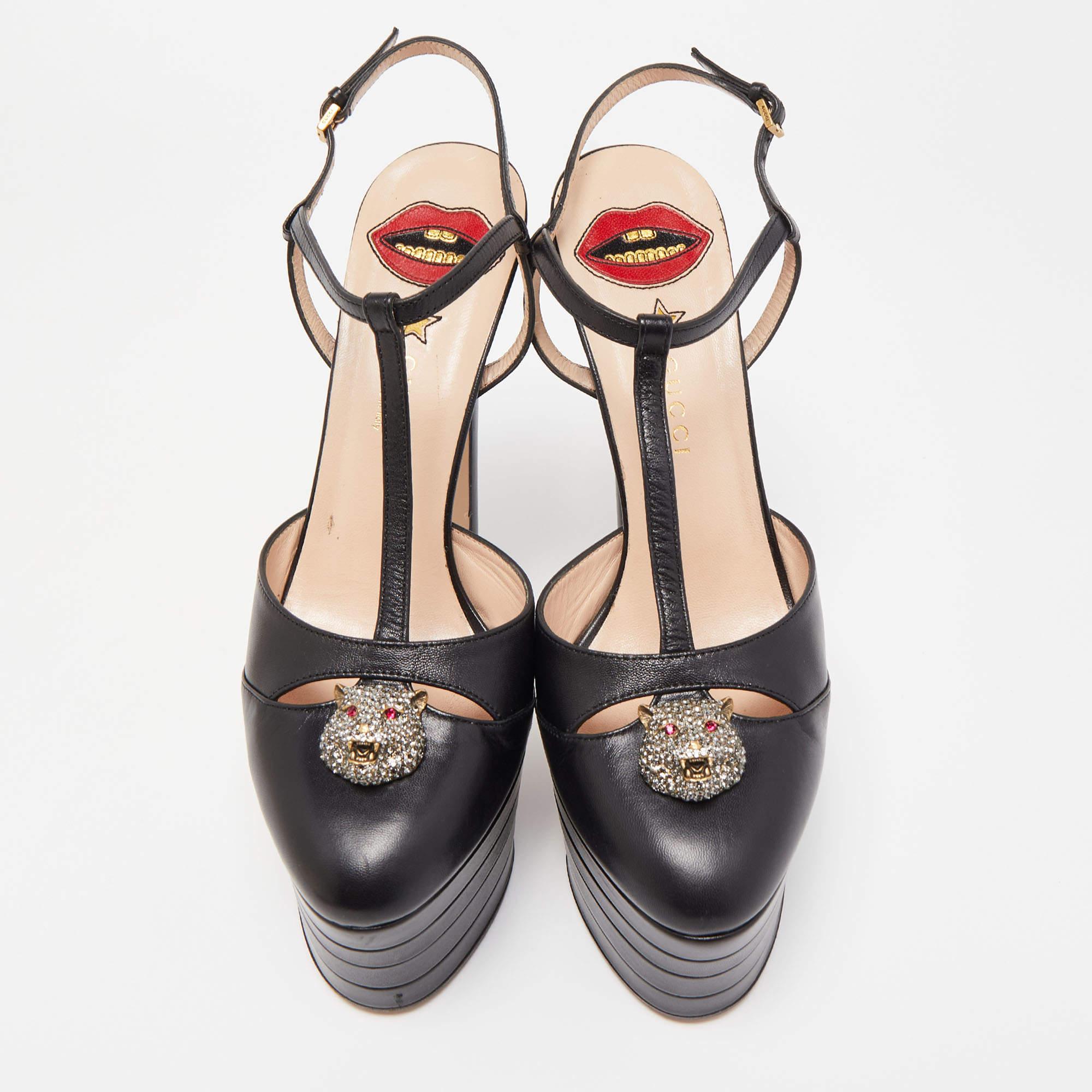 Gucci Black Leather Angel Platform Pumps Size 40.5 In Good Condition In Dubai, Al Qouz 2