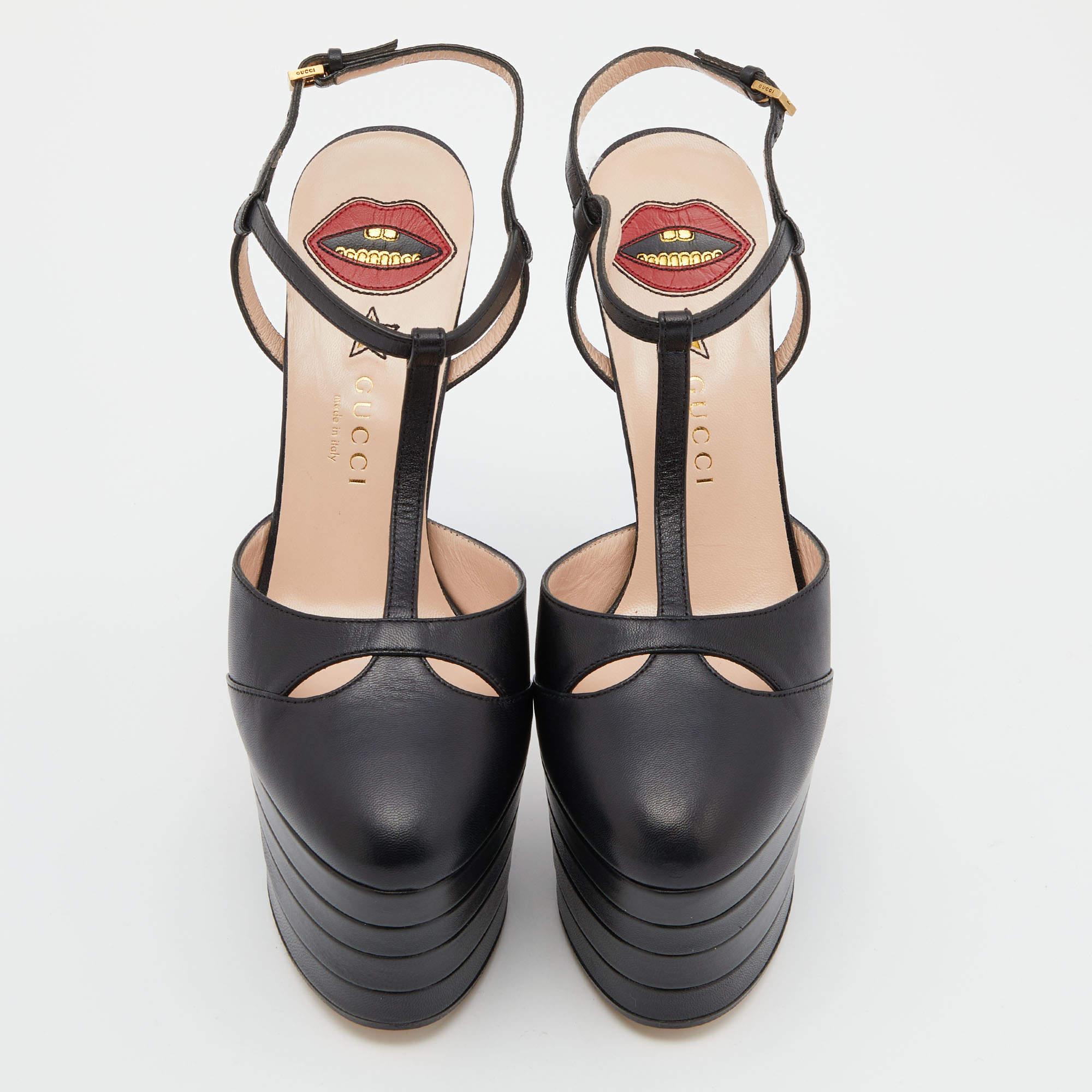 These Gucci sandals are meant to make a statement. They are designed to offer the best comfort, fit, and head-turning moments. These fashionable sandals are made from leather and set on high heels supported by exaggerated platforms.

Includes:
