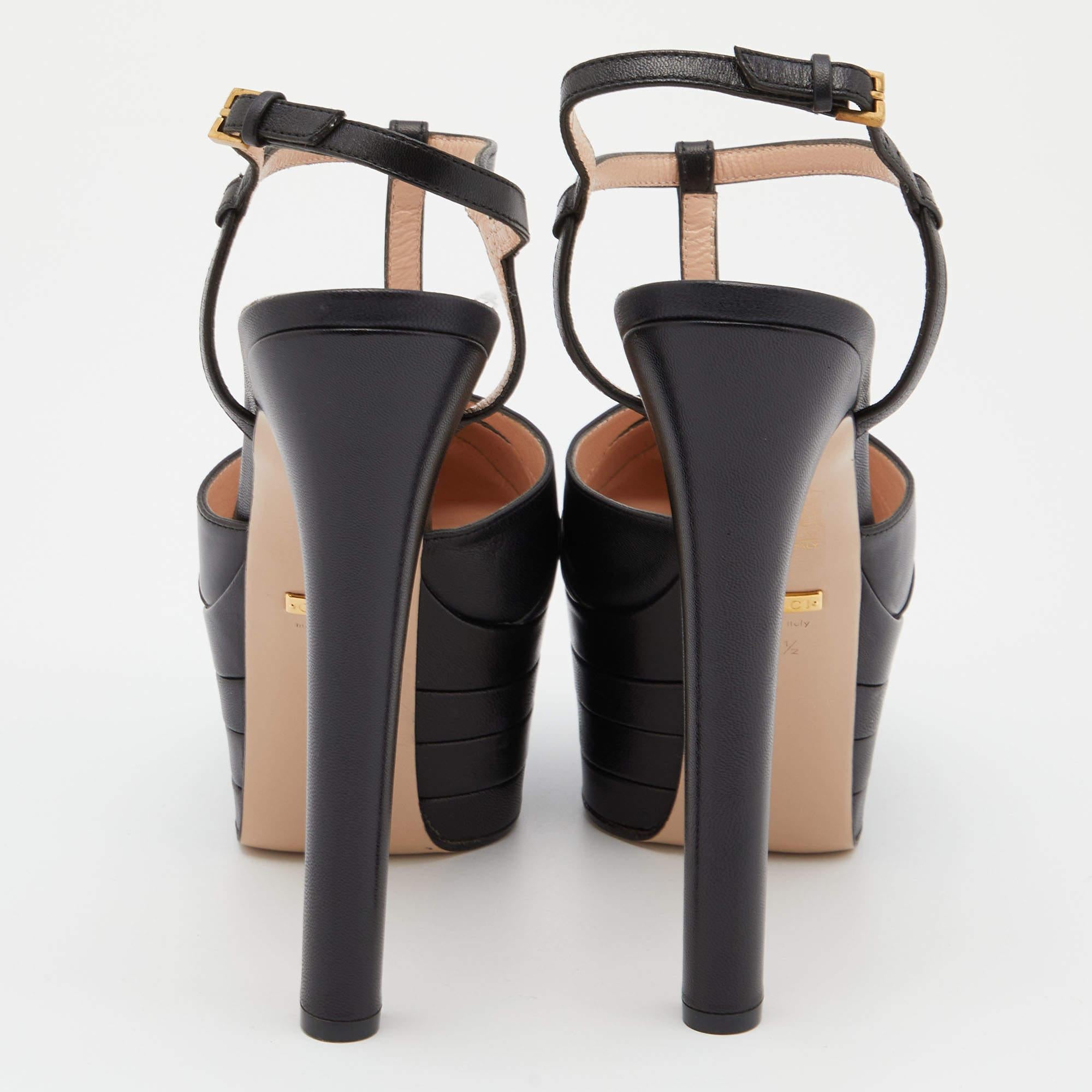 Gucci Black Leather Angel Platforms T-Strap Sandals Size 37.5 In Excellent Condition In Dubai, Al Qouz 2