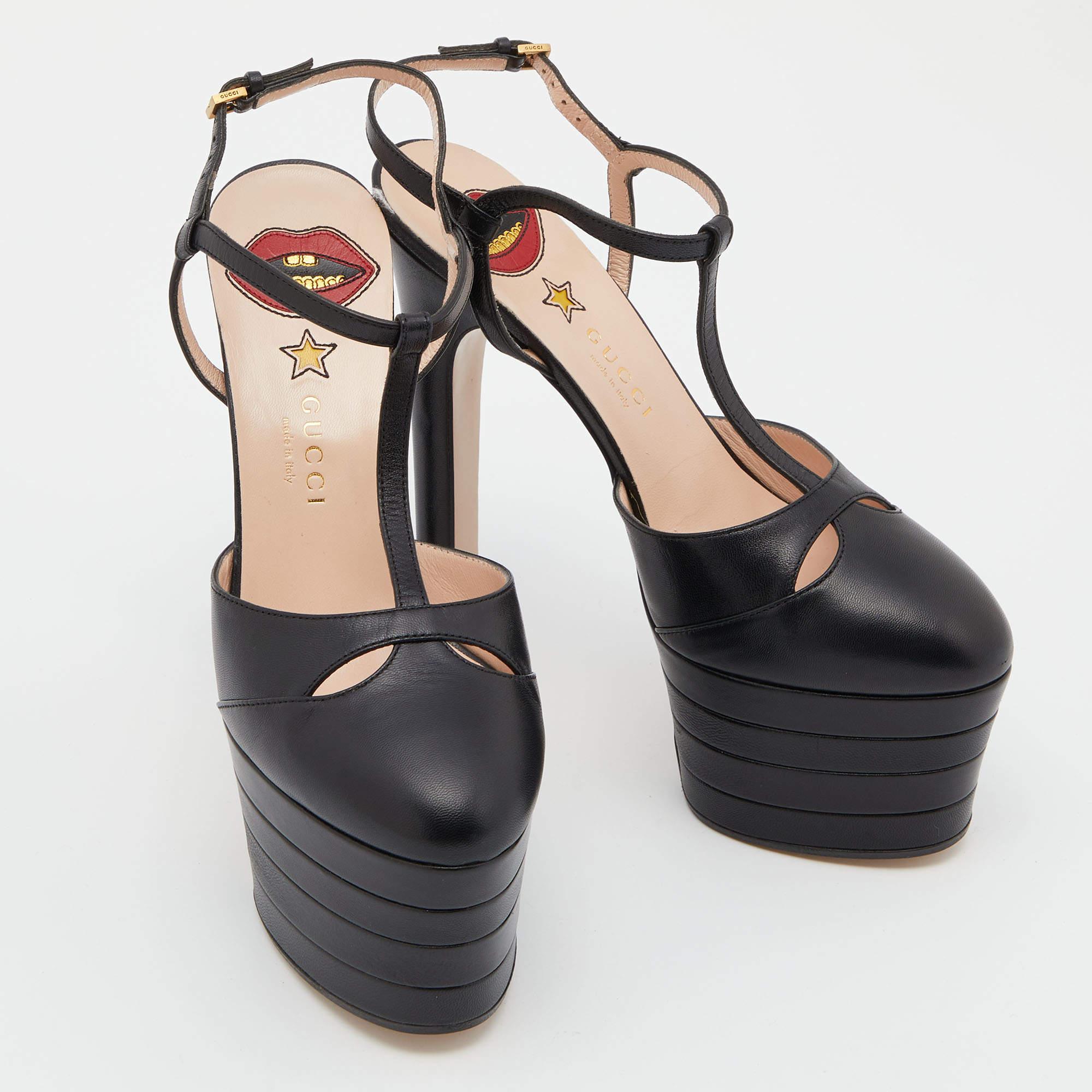 Women's Gucci Black Leather Angel Platforms T-Strap Sandals Size 37.5