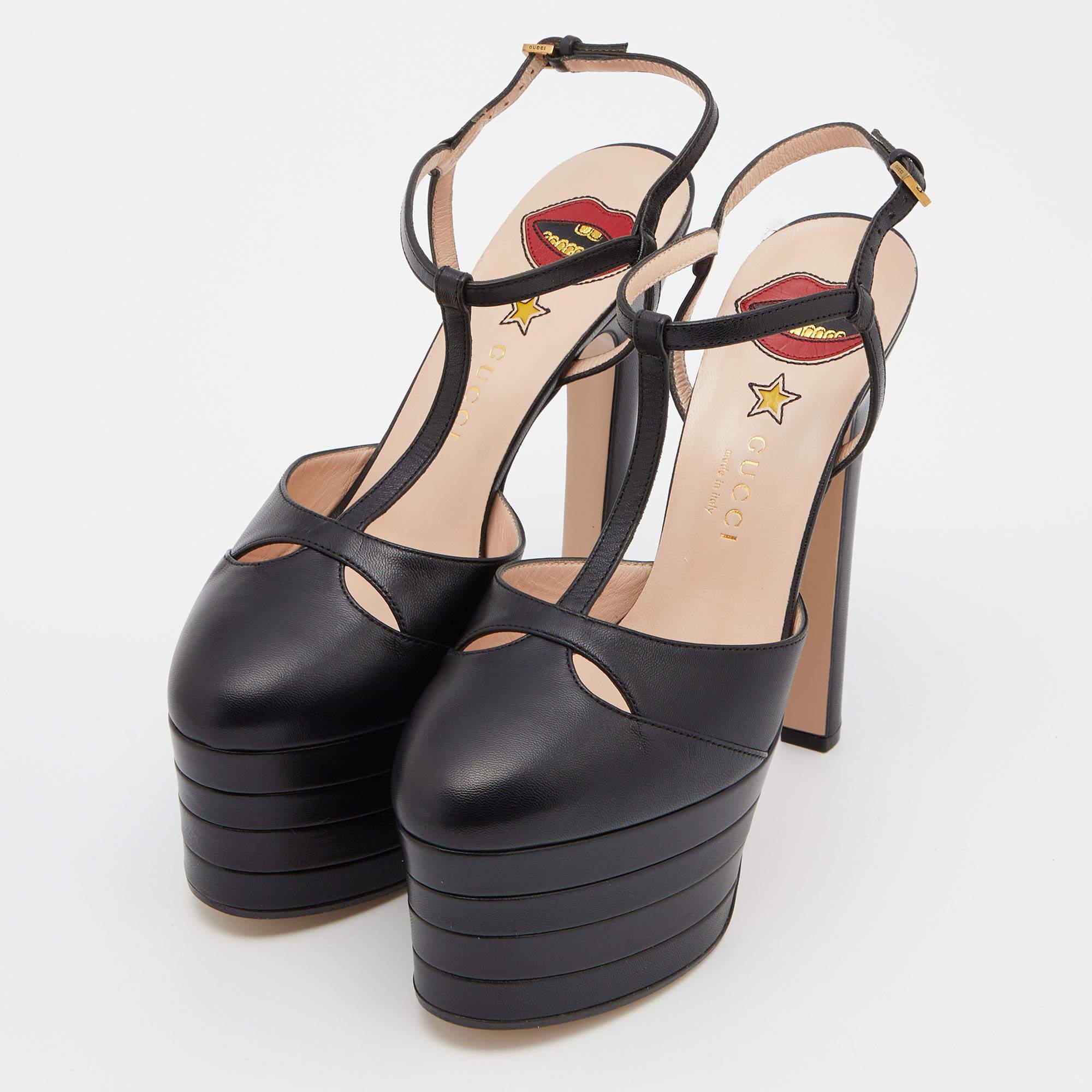 Gucci Black Leather Angel Platforms T-Strap Sandals Size 37.5 1