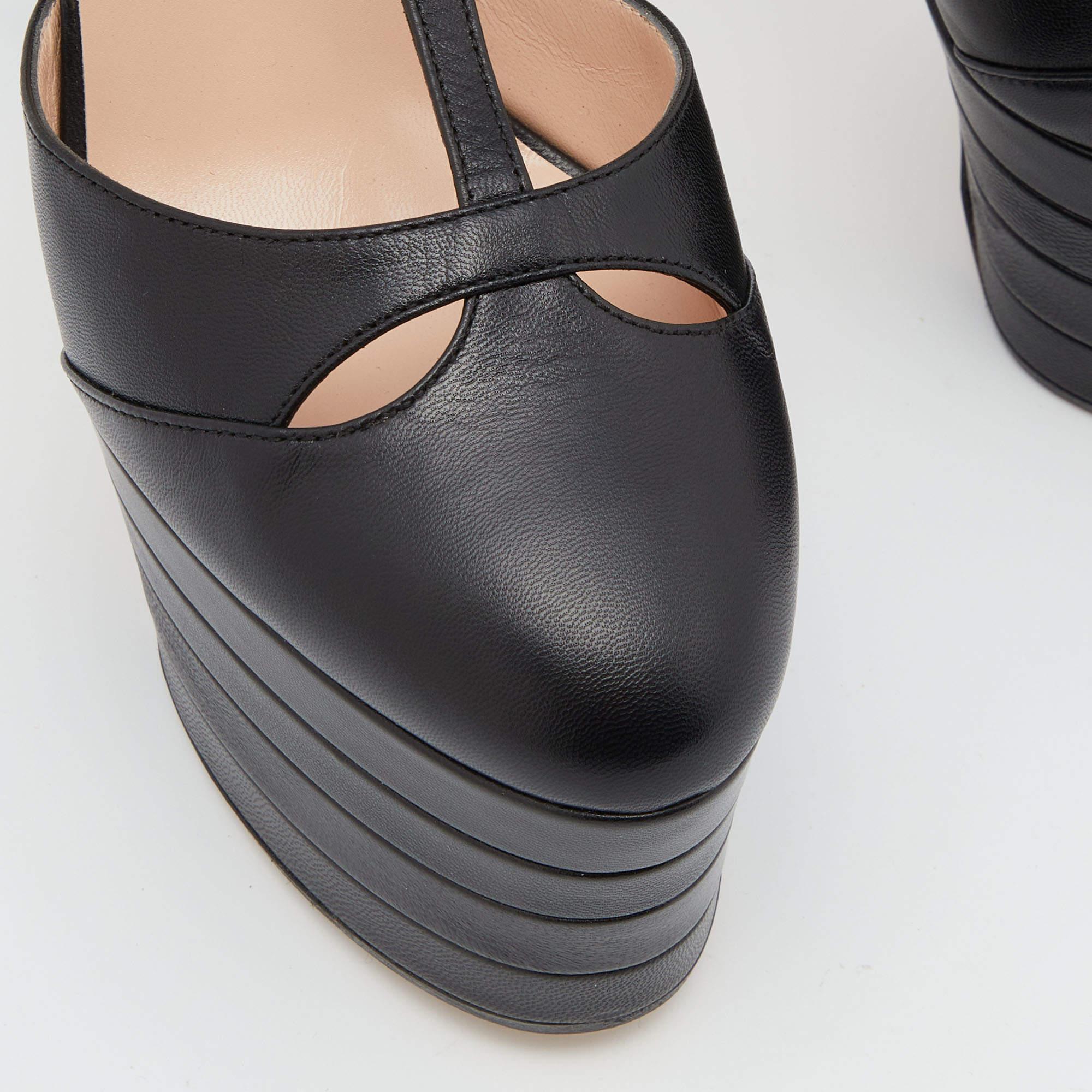 Gucci Black Leather Angel Platforms T-Strap Sandals Size 37.5 3
