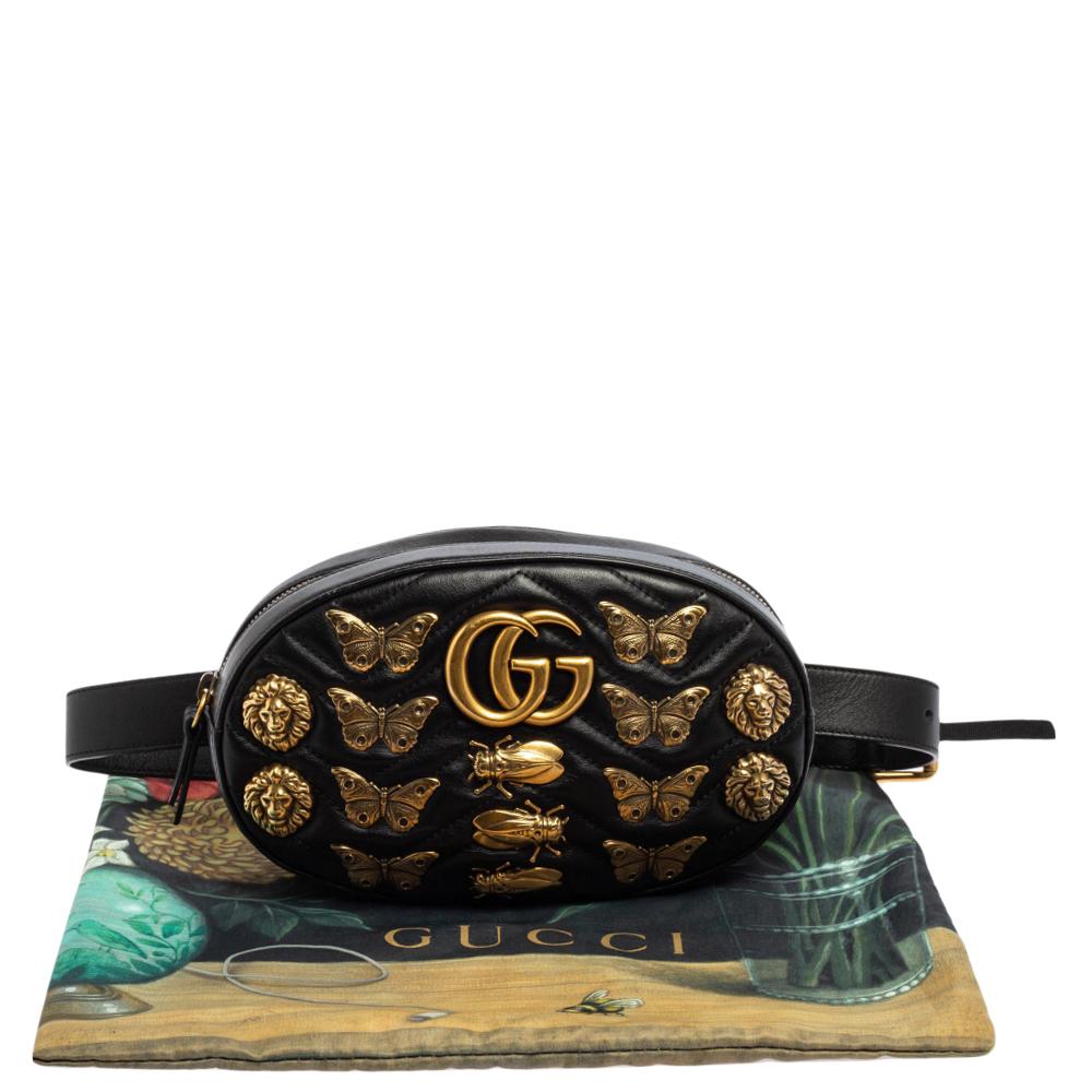 Gucci Black Leather Animal Stud GG Marmont Belt Bag 5