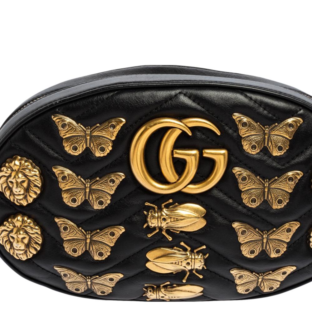 Gucci Black Leather Animal Stud GG Marmont Belt Bag at 1stDibs
