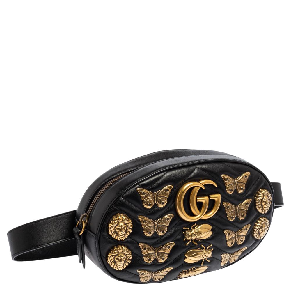 Gucci Black Leather Animal Stud GG Marmont Belt Bag 7