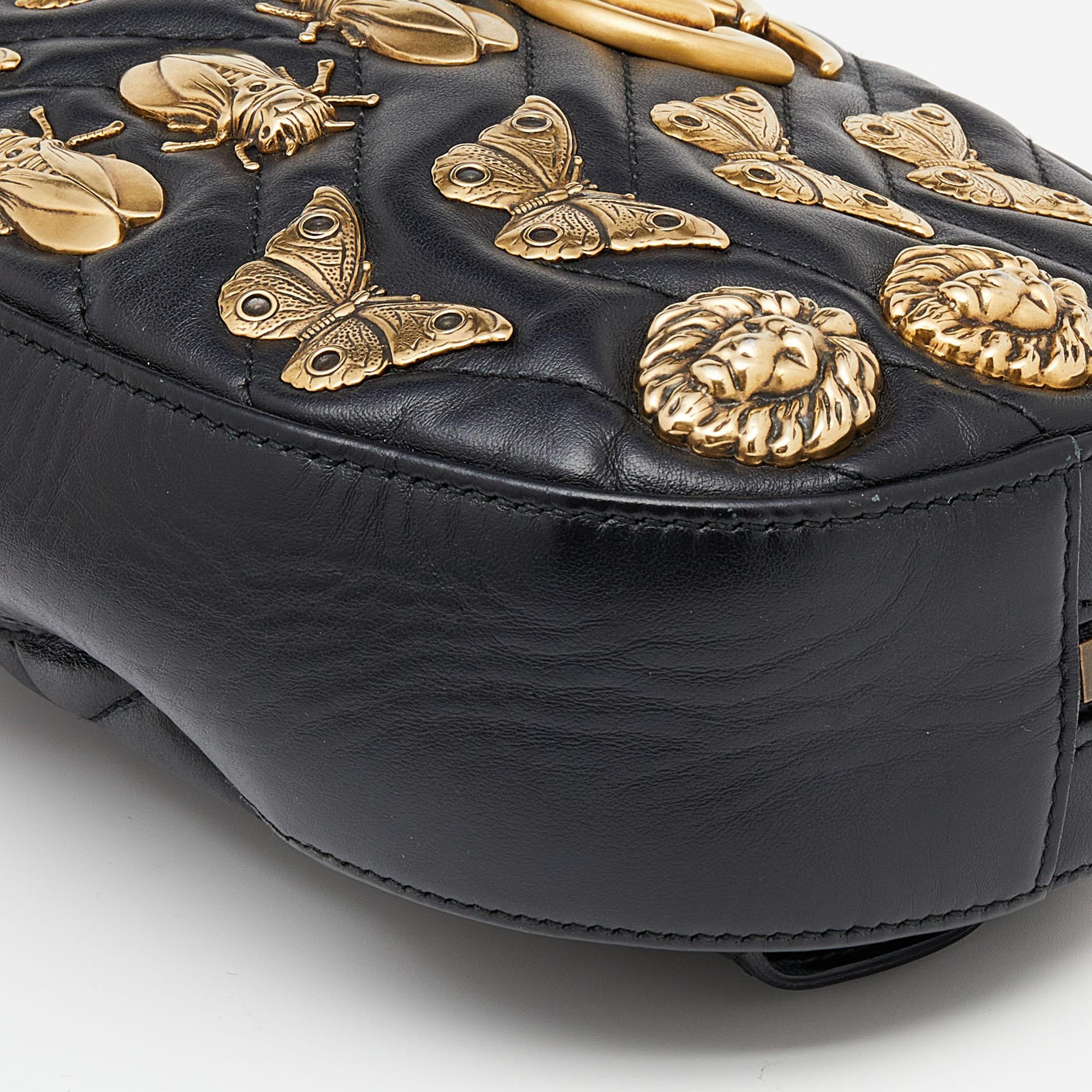 Women's Gucci Black Leather Animal Studs GG Marmont Belt Bag