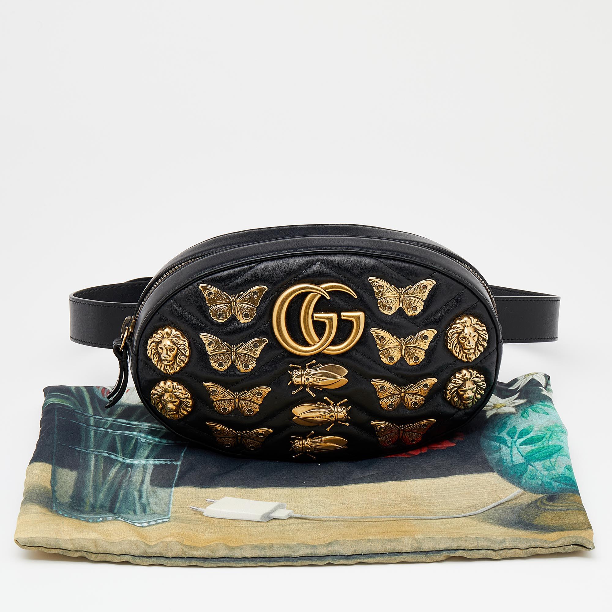 Gucci Black Leather Animal Studs GG Marmont Belt Bag 2