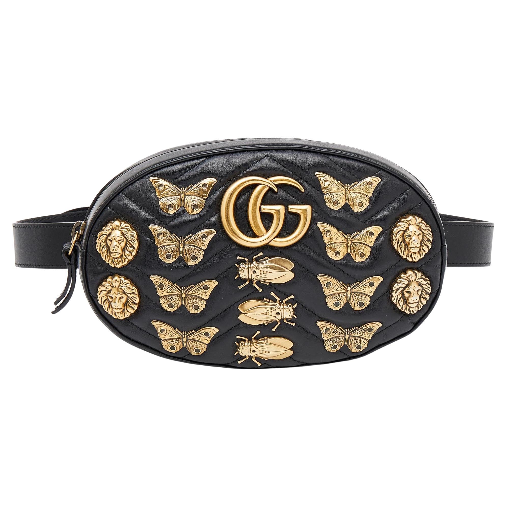 Gucci Black Leather Animal Studs GG Marmont Belt Bag