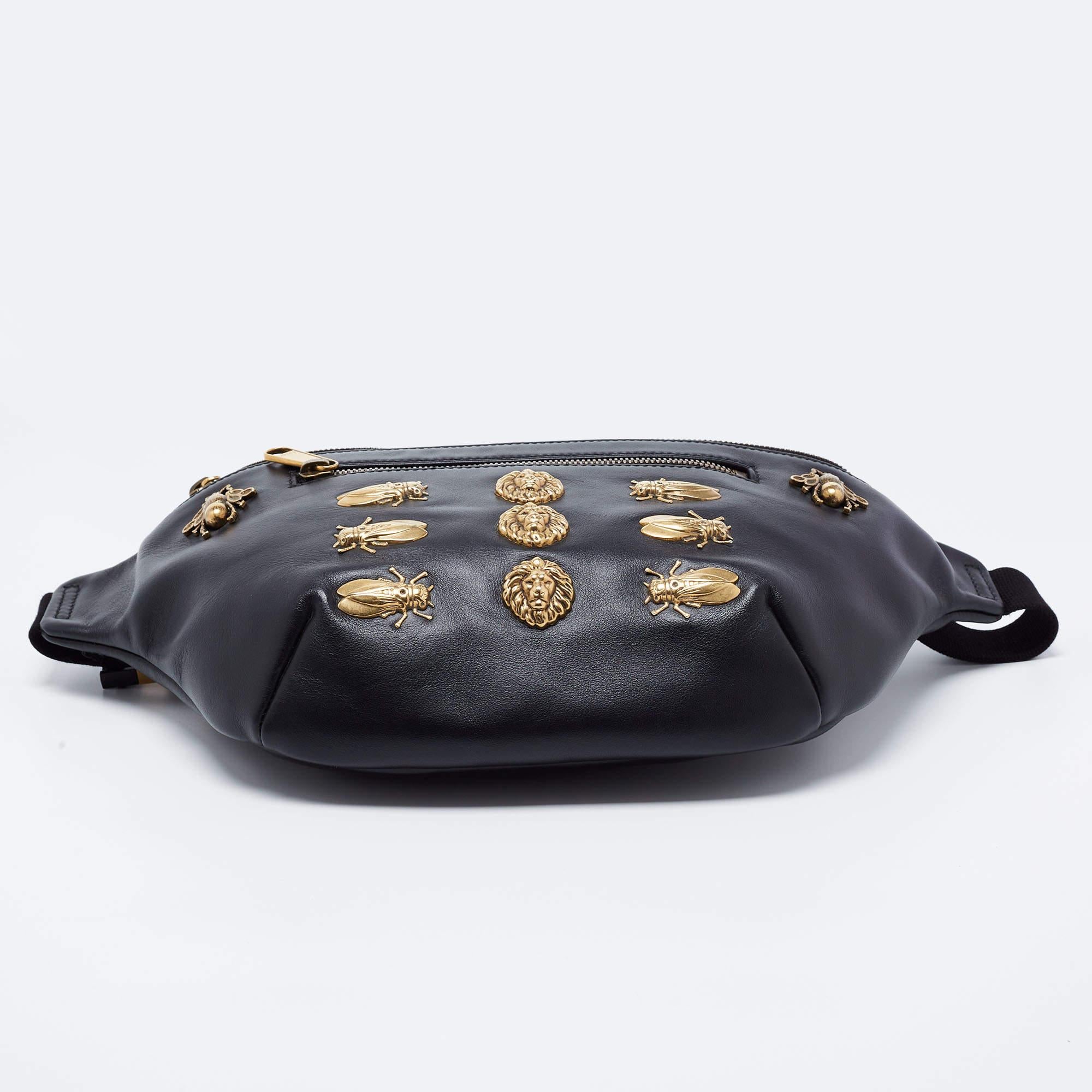Men's Gucci Black Leather Animal Studs Leather Belt Bag