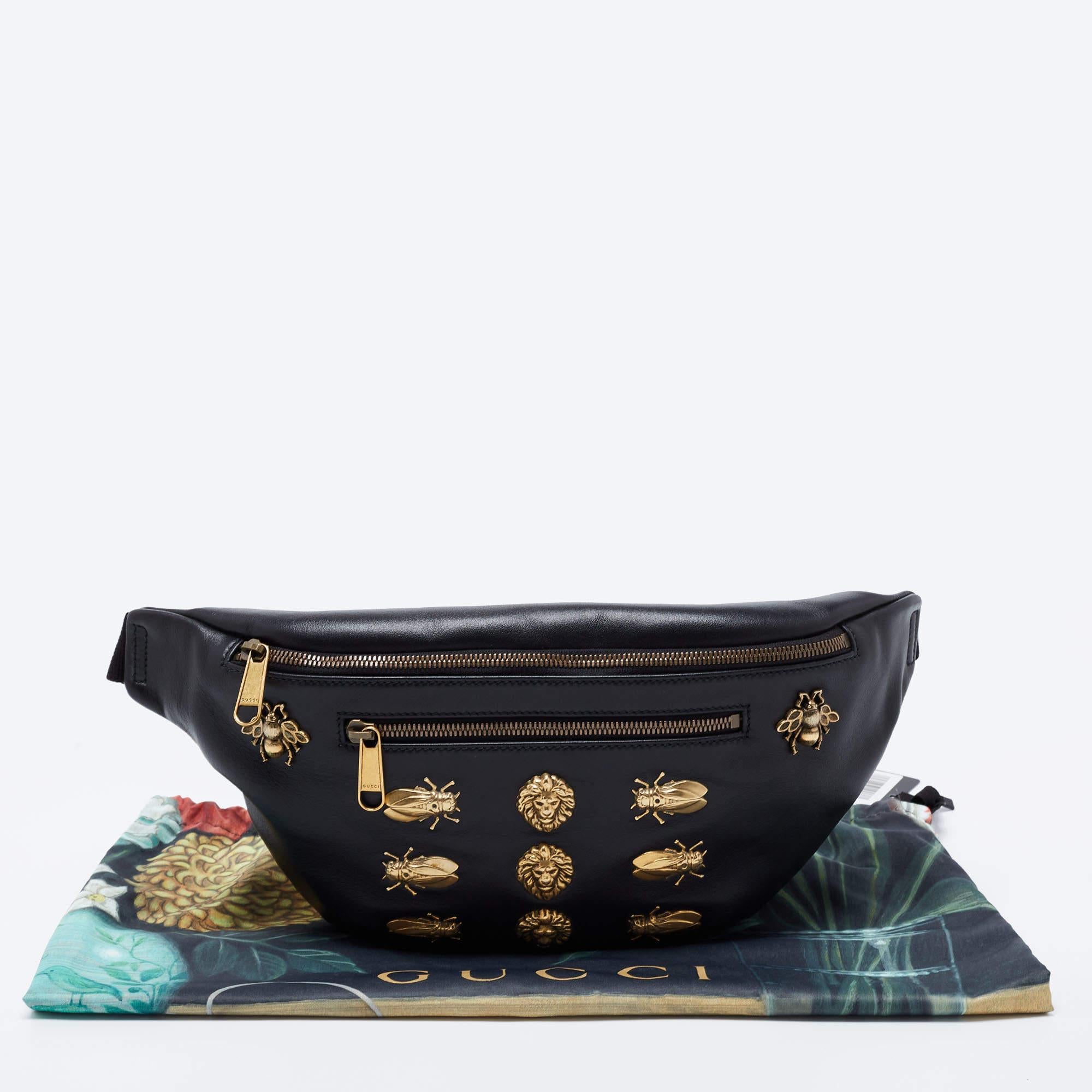 Gucci Black Leather Animal Studs Leather Belt Bag 4