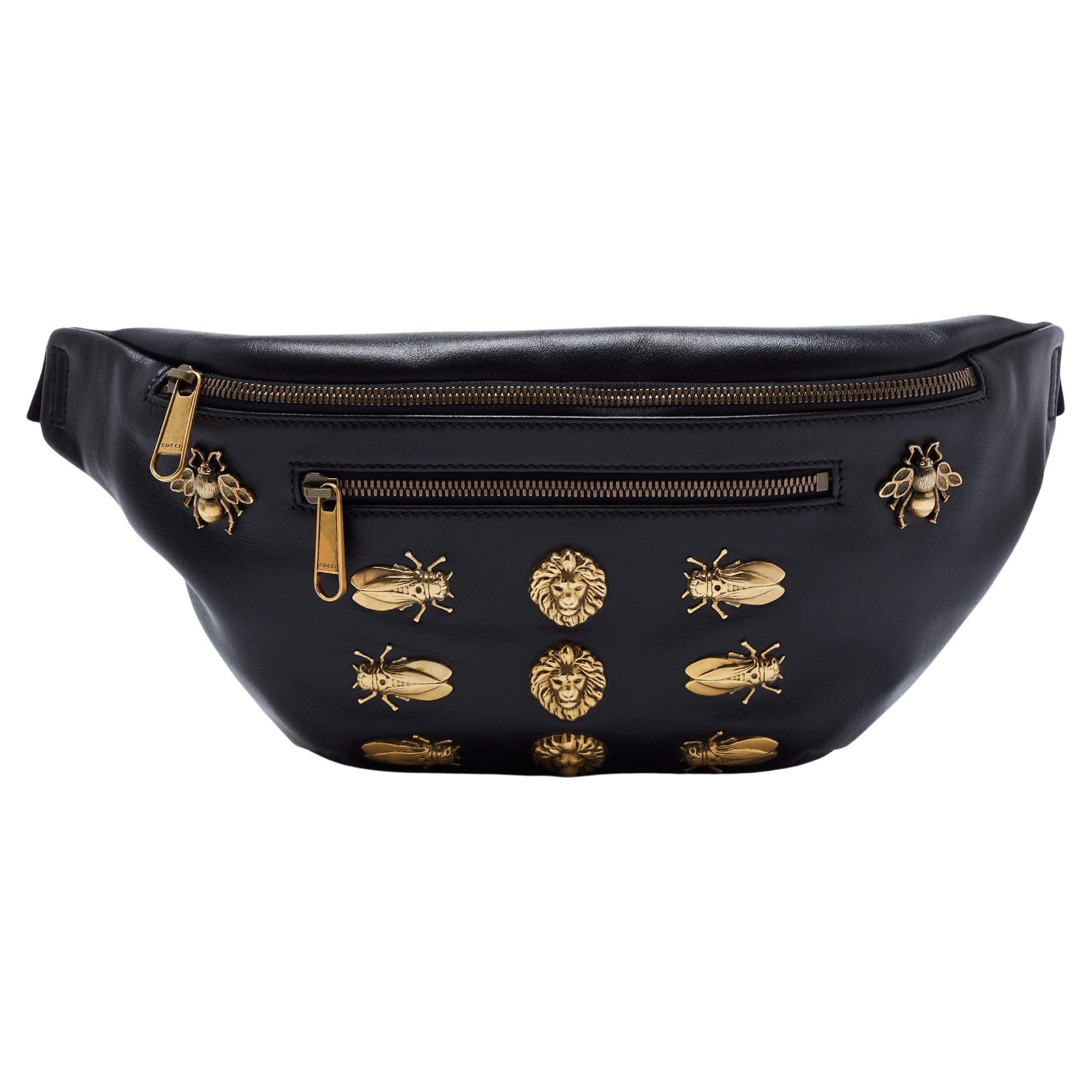 Gucci Black Leather Animal Studs Leather Belt Bag at 1stDibs | gucci black  leather fanny pack