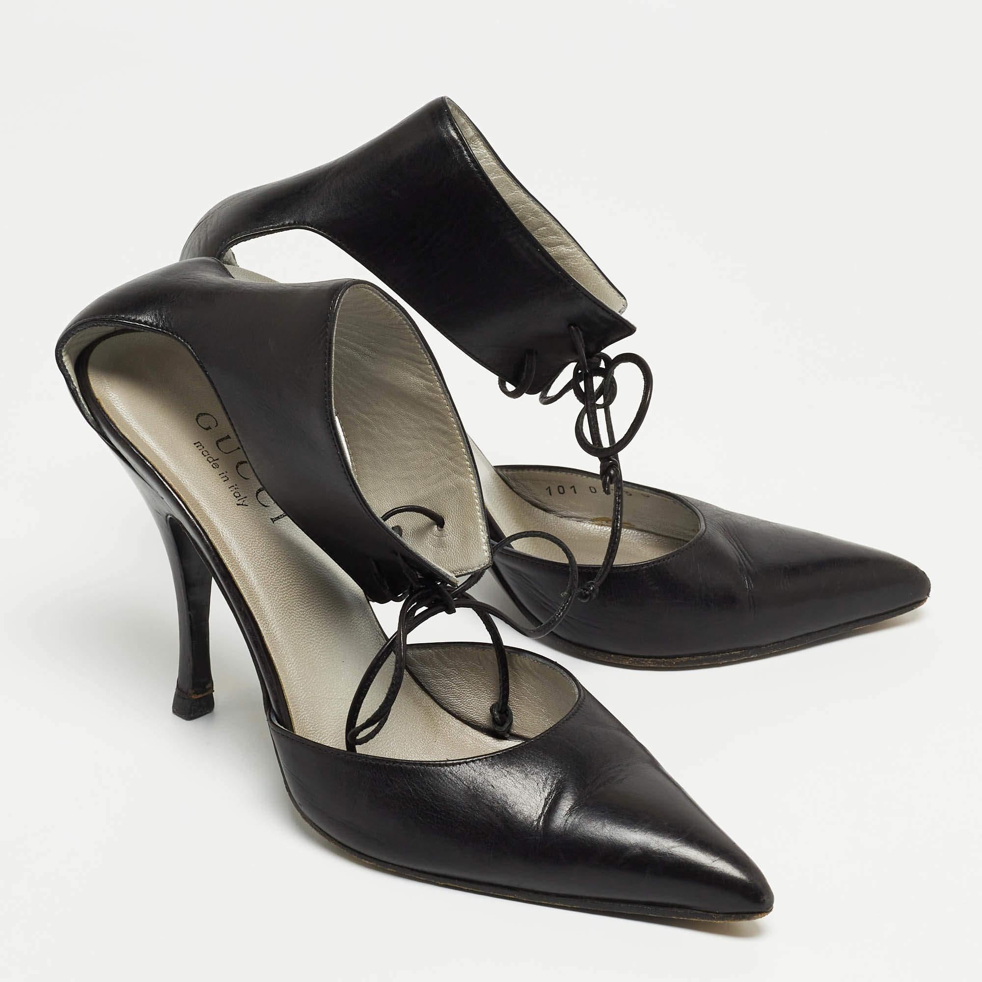 Women's Gucci Black Leather Ankle Tie Pumps Size 37.5 For Sale