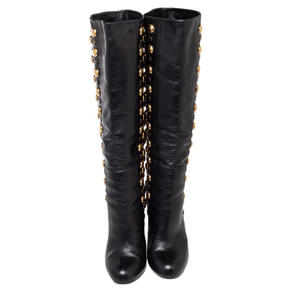 Gucci Black Leather Babouska Studded Knee Length Boots Size 38 In Good Condition In Dubai, Al Qouz 2