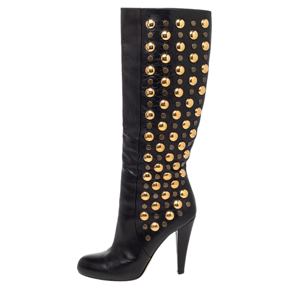 Gucci Black Leather Babouska Studded Knee Length Boots Size 38 1