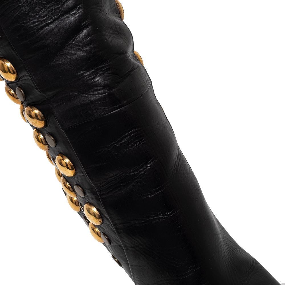 Gucci Black Leather Babouska Studded Knee Length Boots Size 38 4
