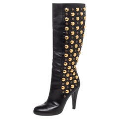 Gucci Black Leather Babouska Studded Knee Length Boots Size 38