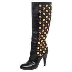 Gucci Black Leather Babouska Studded Knee Length Boots Size 38.5