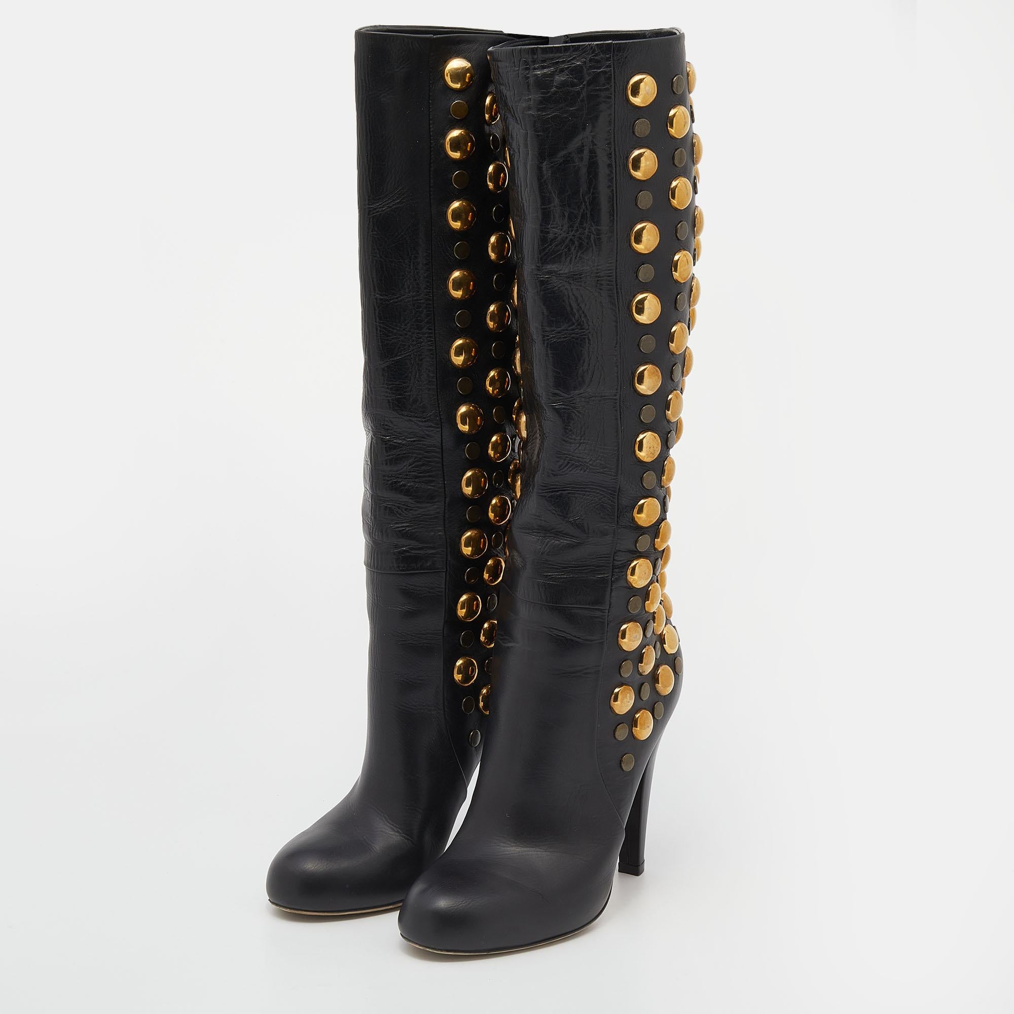 Women's Gucci Black Leather Babouska Studded Mid Calf Length Boots Size 36