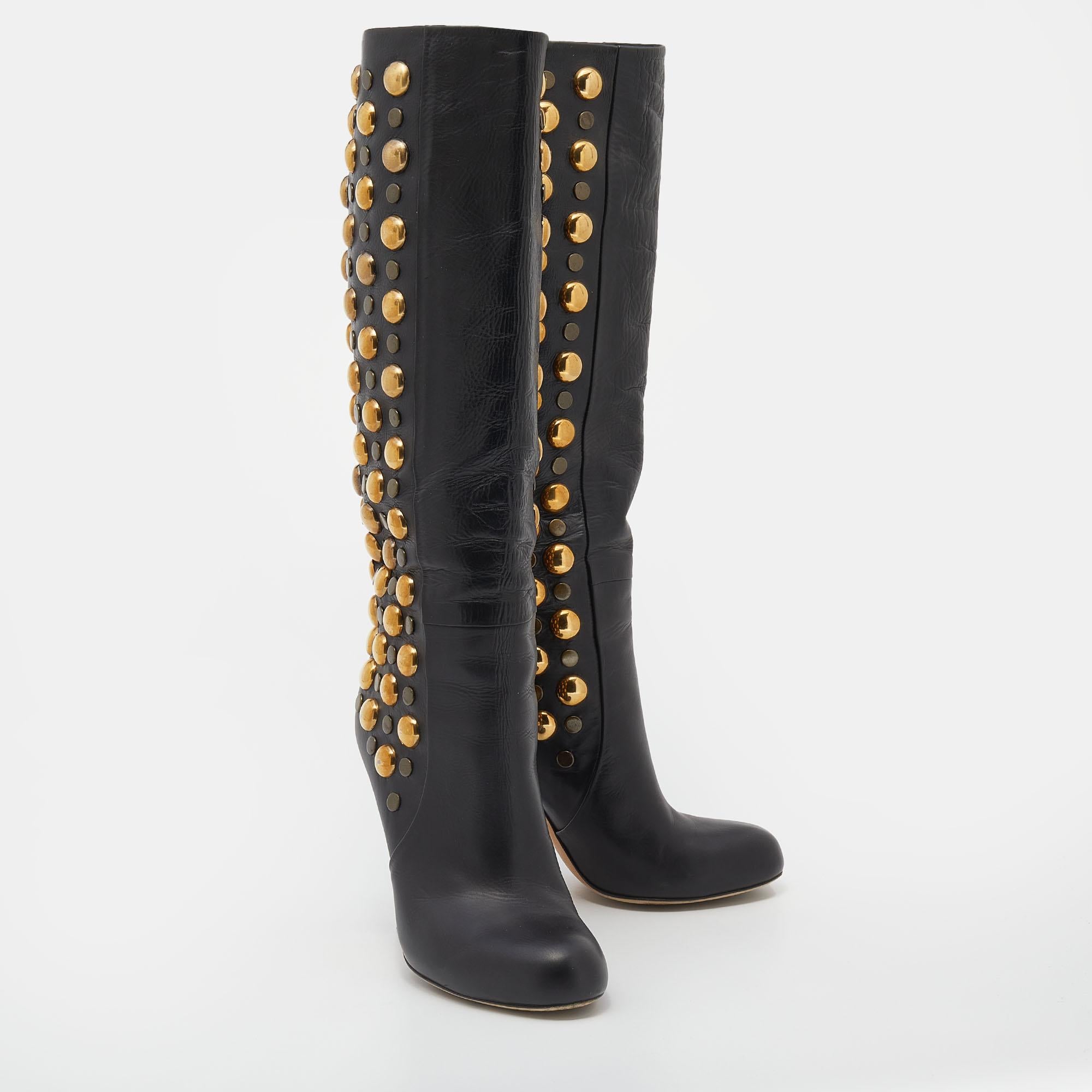 Gucci Black Leather Babouska Studded Mid Calf Length Boots Size 36 1