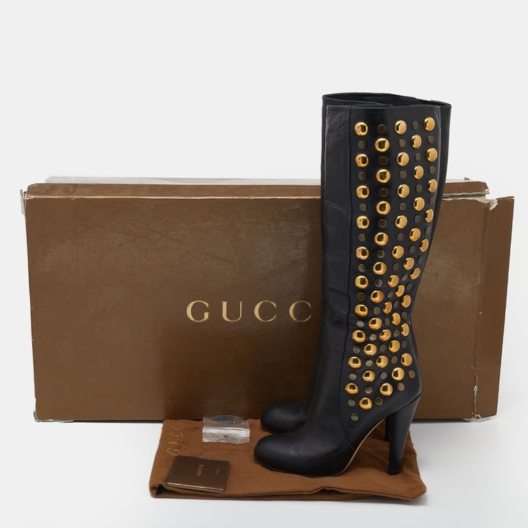 Gucci Black Leather Babouska Studded Mid Calf Length Boots  display picture 1