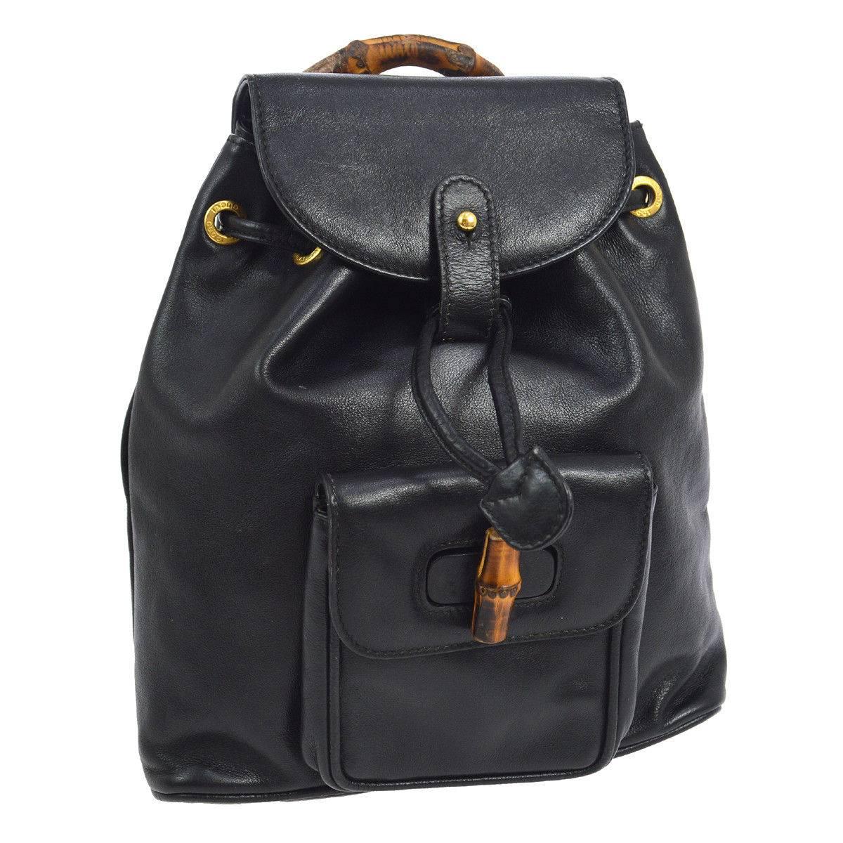 Gucci Black Leather Bamboo 2 in 1 Top Handle Satchel Shoulder Backpack Bag