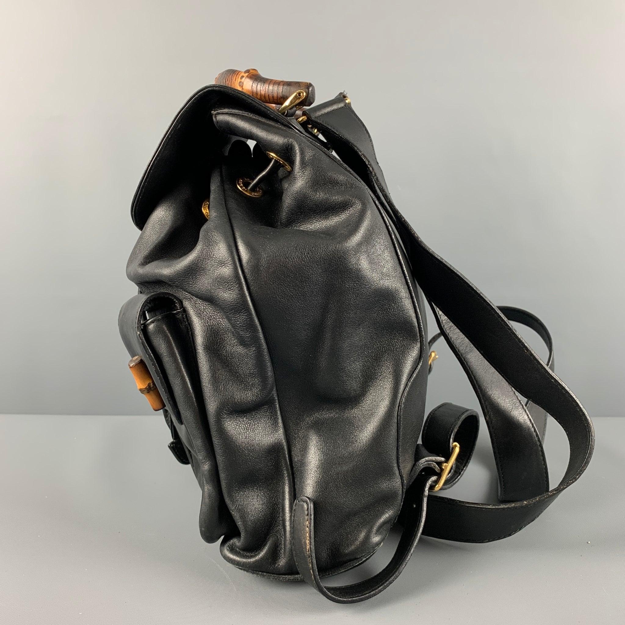 Men's GUCCI Black Leather Bamboo Backpack Handbag