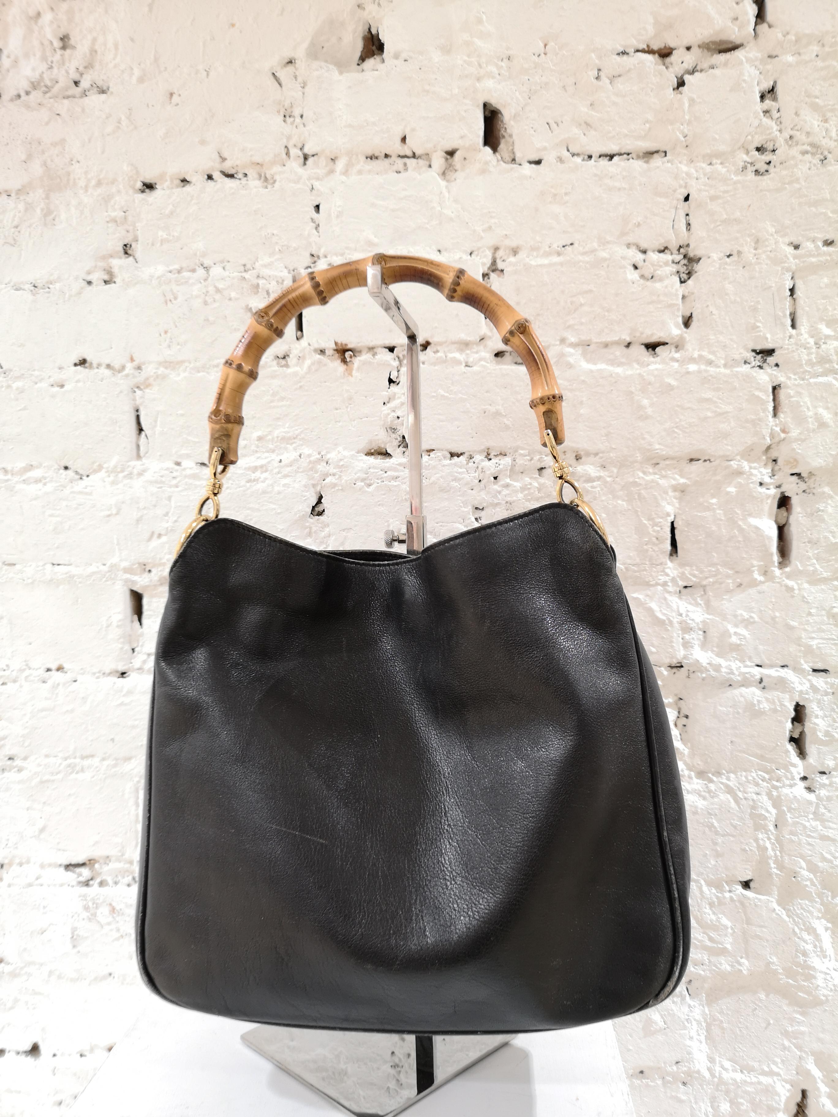 black leather gucci bag with bamboo handle