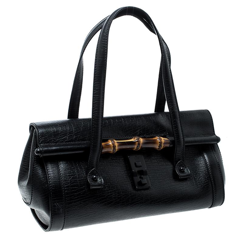 Women's Gucci Black Leather Bamboo Bullet Satchel
