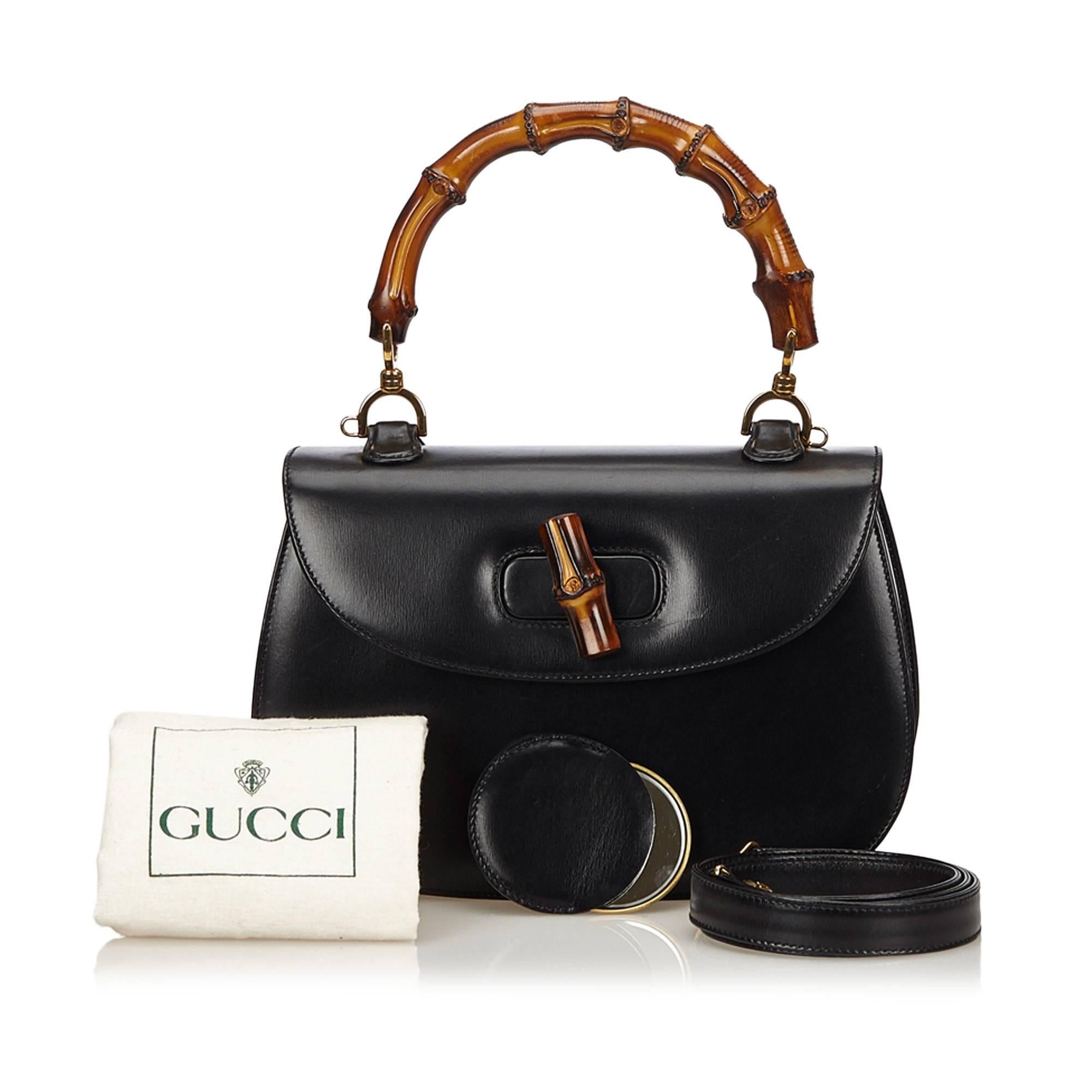 Gucci Black Leather Bamboo Handle Bag with detachable shoulder strap  3
